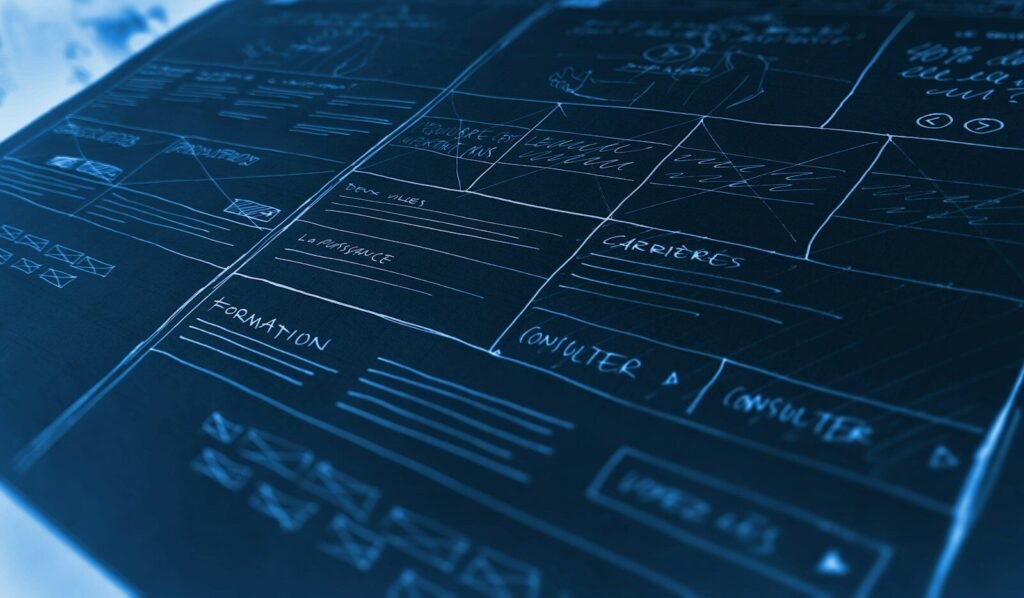 Hand drawn website wireframe sketches on a dark blue background